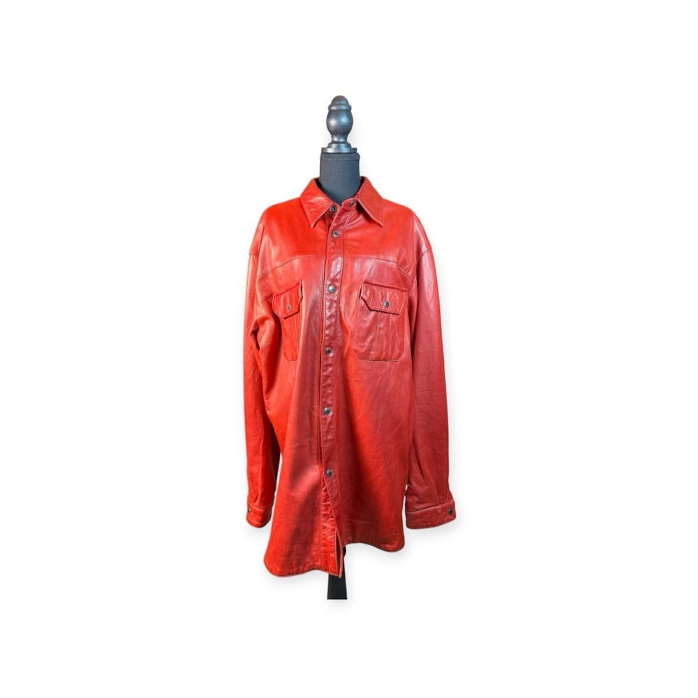 David Hayes Red Leather Shirt Jacket Snap Front Chest Pockets Mens XL - Picture 2 of 16